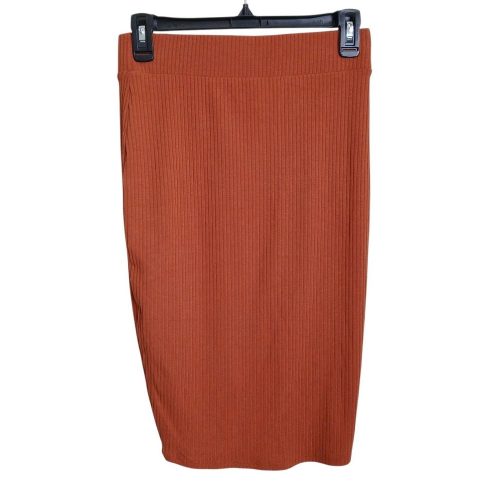 Bar III Women's Ribbed Knit Midi Pencil Skirt Rust Orange Pull On Stretch Small
